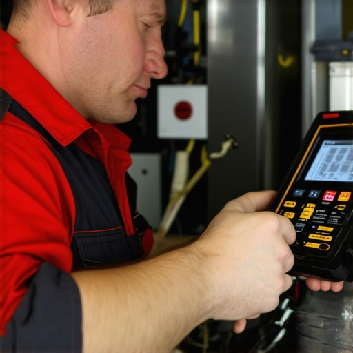 Technician analyzing HVAC system diagnostics with specialized equipment