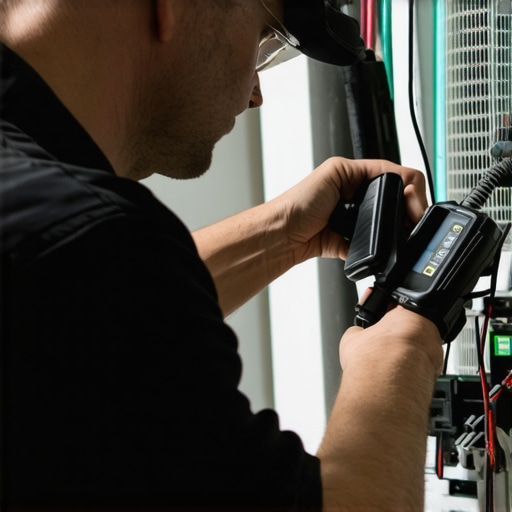 Expert HVAC Diagnostics Technician using electronic leak detector on heat pump for precise troubleshooting.