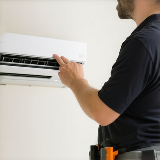 HVAC technician performing maintenance on a mini-split system in a residential setting.