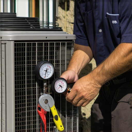 Technician inspecting mini-split outdoor coil with specialized tools