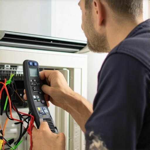 Technician analyzing mini-split system with diagnostic tools in a home