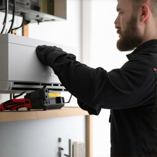 HVAC Technician Diagnosing Mini-Split System HVAC technician inspecting mini-split system with diagnostic tools