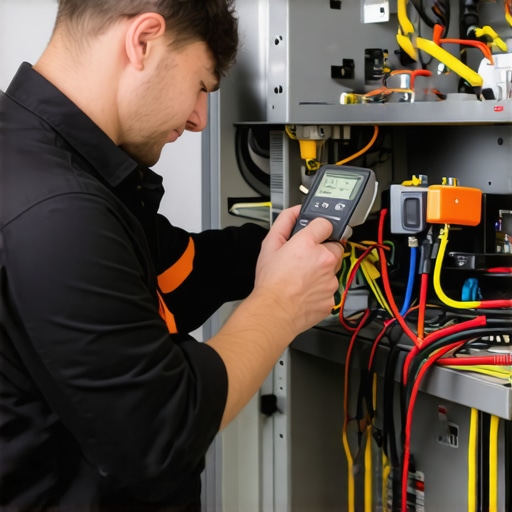 HVAC technician using diagnostic tools to inspect heating system