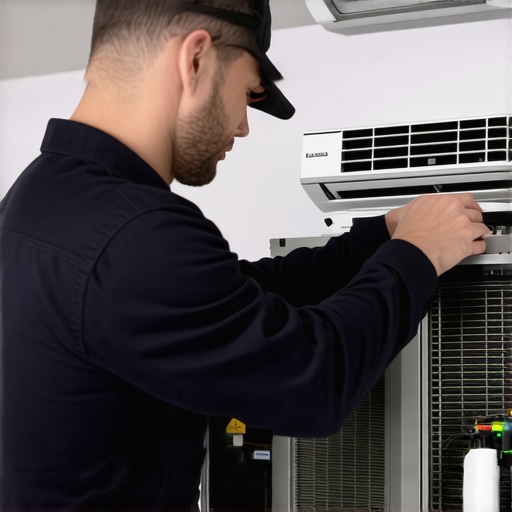 HVAC technician inspecting mini-split system during maintenance