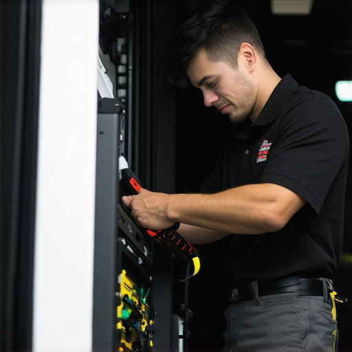 HVAC technician with advanced diagnostic equipment in a service vehicle.