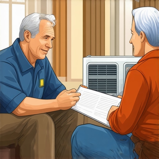 A homeowner discussing furnace issues with an HVAC technician in a living room.