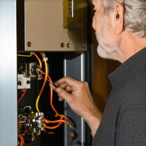 A homeowner and technician inspecting a furnace together in a cozy home setting