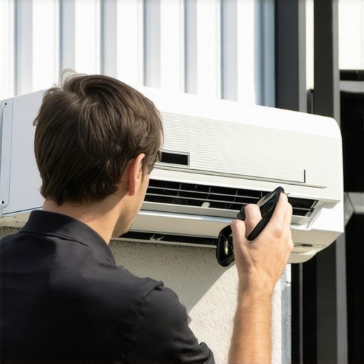 HVAC technician inspecting outdoor mini-split unit during maintenance