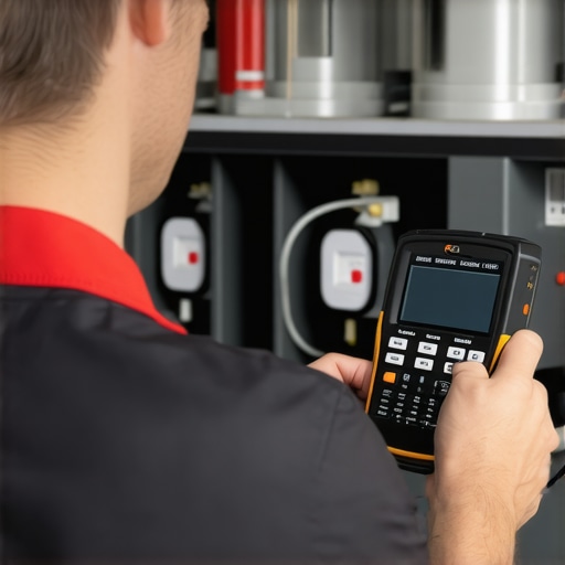 Technician analyzing HVAC system with advanced diagnostic equipment