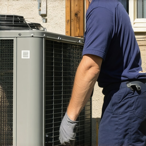 Technician inspecting heat pump outdoor unit