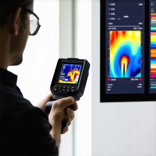 HVAC technician performing thermal imaging diagnostics in a home
