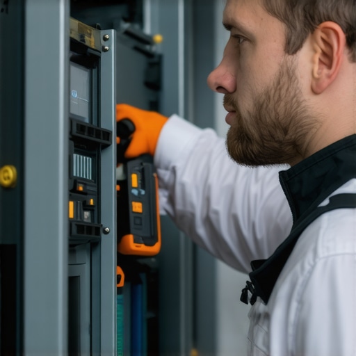 HVAC technician using infrared camera and diagnostic tools during system check