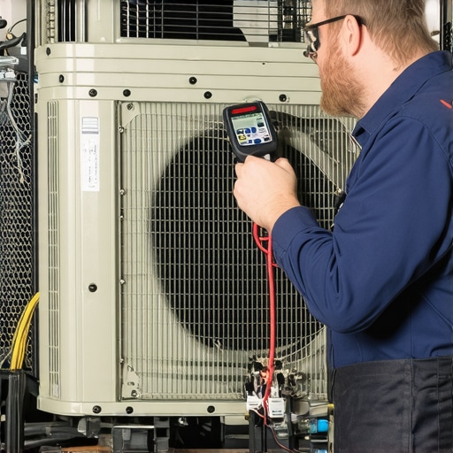 HVAC technician using diagnostic tools to inspect air conditioning system