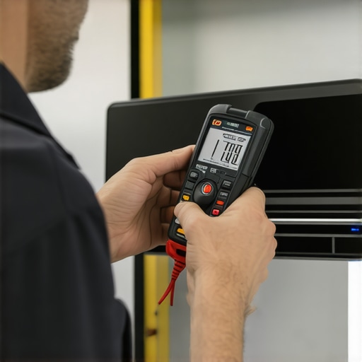 Technician performing detailed diagnostics on a mini split HVAC system with advanced equipment.