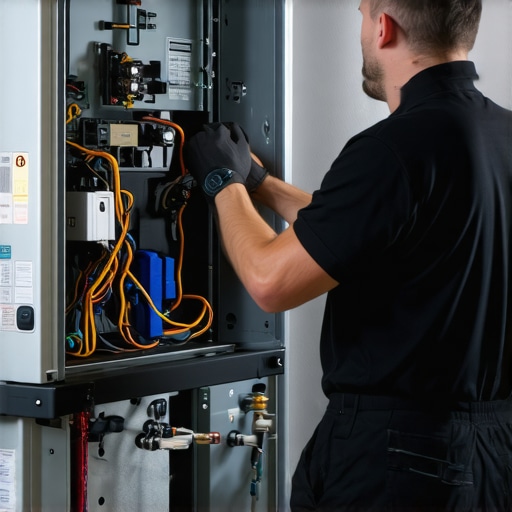 HVAC technician servicing a furnace in a home setting