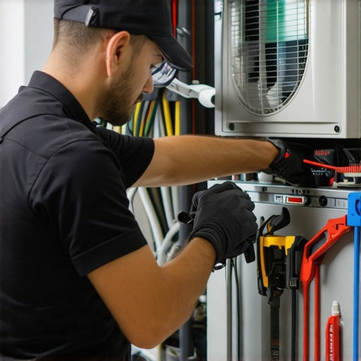 HVAC technician inspecting a home heating system during maintenance.