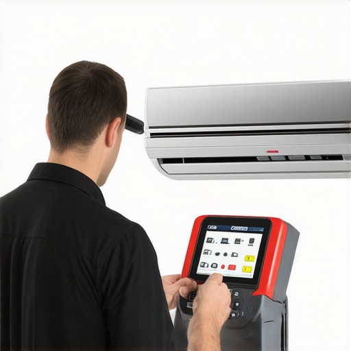 HVAC technician using diagnostic tools on mini-split system