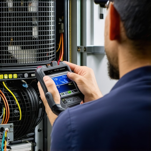 Technician using diagnostic equipment on HVAC system in home