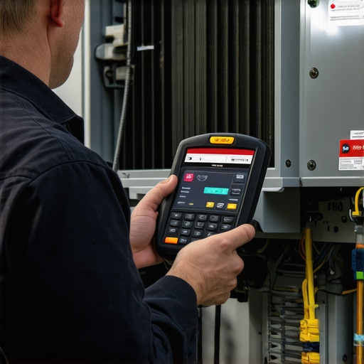 Technician measuring refrigerant levels with digital tools on a modern HVAC unit