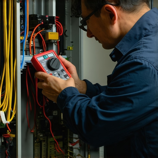 Technician performing HVAC diagnostics with multimeter and leak detector