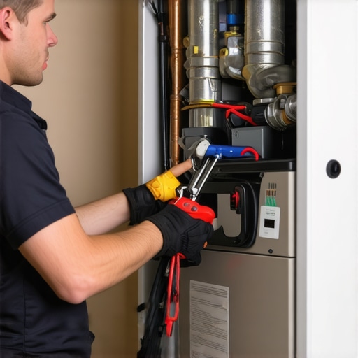 HVAC Technician Troubleshooting Furnace Technician inspecting a furnace in a basement for repairs.