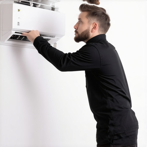 HVAC technician inspecting air conditioning system during maintenance