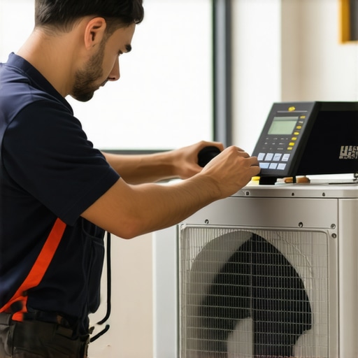 HVAC technician diagnosing heat pump with advanced tools in a home
