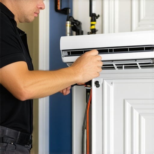 Technician inspecting a mini-split HVAC system during repair.