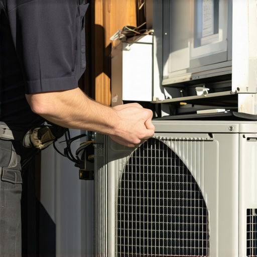 HVAC technician performing maintenance on a heat pump, showcasing reliable repair service.