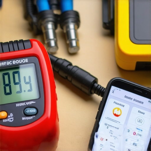 Technician using digital manifold gauge and infrared thermometer for HVAC system diagnostics