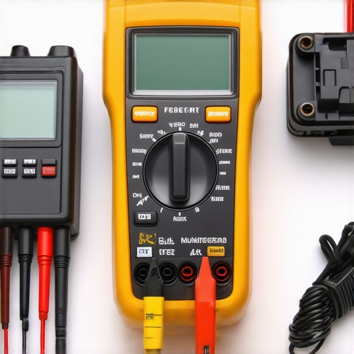 Close-up of digital multimeter and refrigerant leak detector devices used for HVAC system diagnostics.