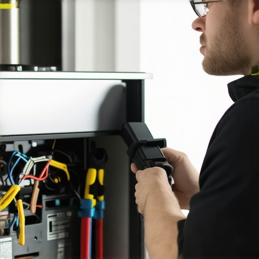 Technician inspecting furnace in a home for repairs