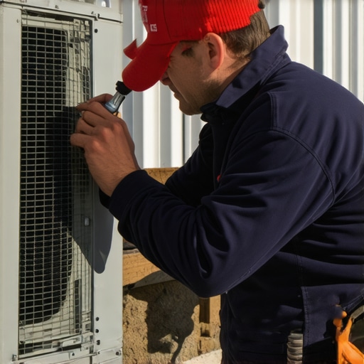 Technician cleaning heat pump outdoor unit during winter.