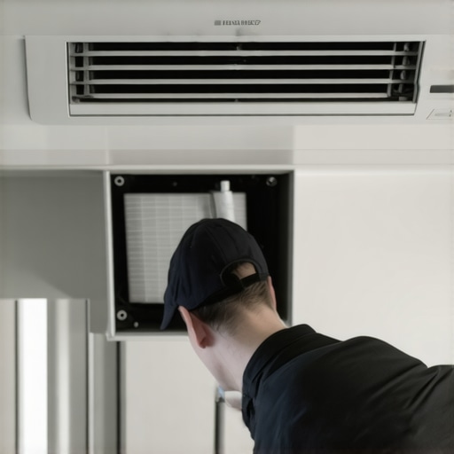 Technician replacing filter in mini-split HVAC system inside a home