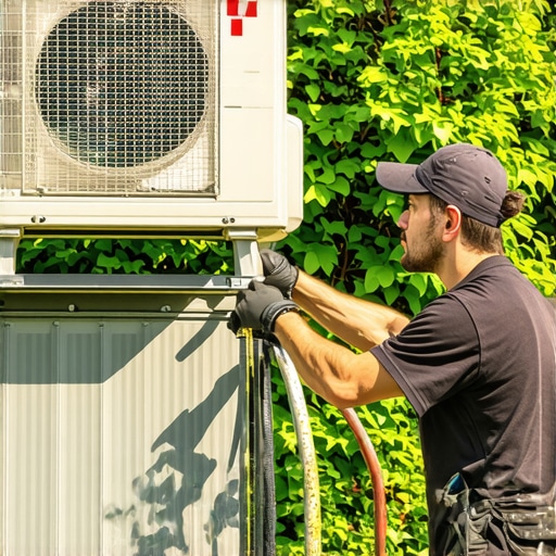 HVAC technician rinsing outdoor mini-split unit with garden hose in a lush garden.